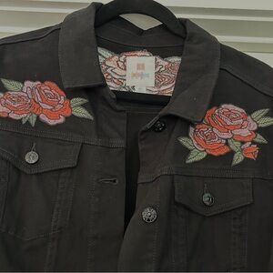 *Unworn* LuLaRoe Black Jean Jacket with Red Floral Embroidery